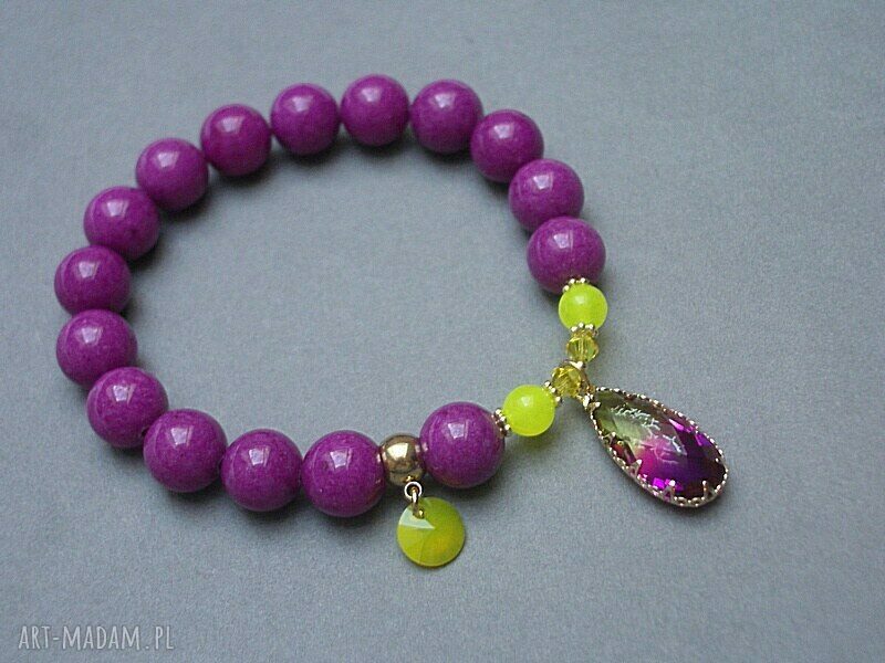 Bransoletka z jadeitem i Swarovski amarant citron, pozłacane przekładki, na gumce silikonowej