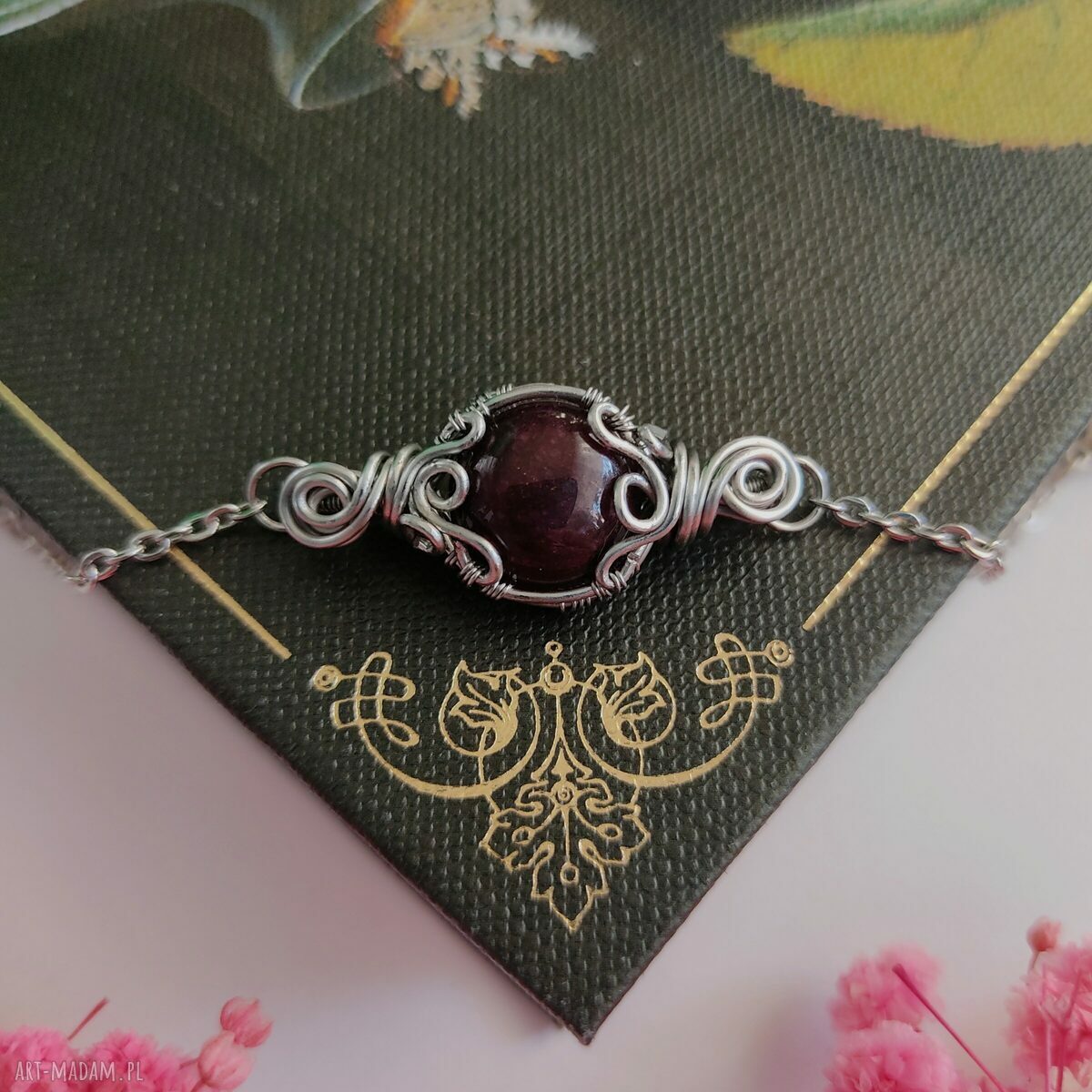 Bransoletka z bordowym jadeitem - stal chirurgiczna - wire wrapping