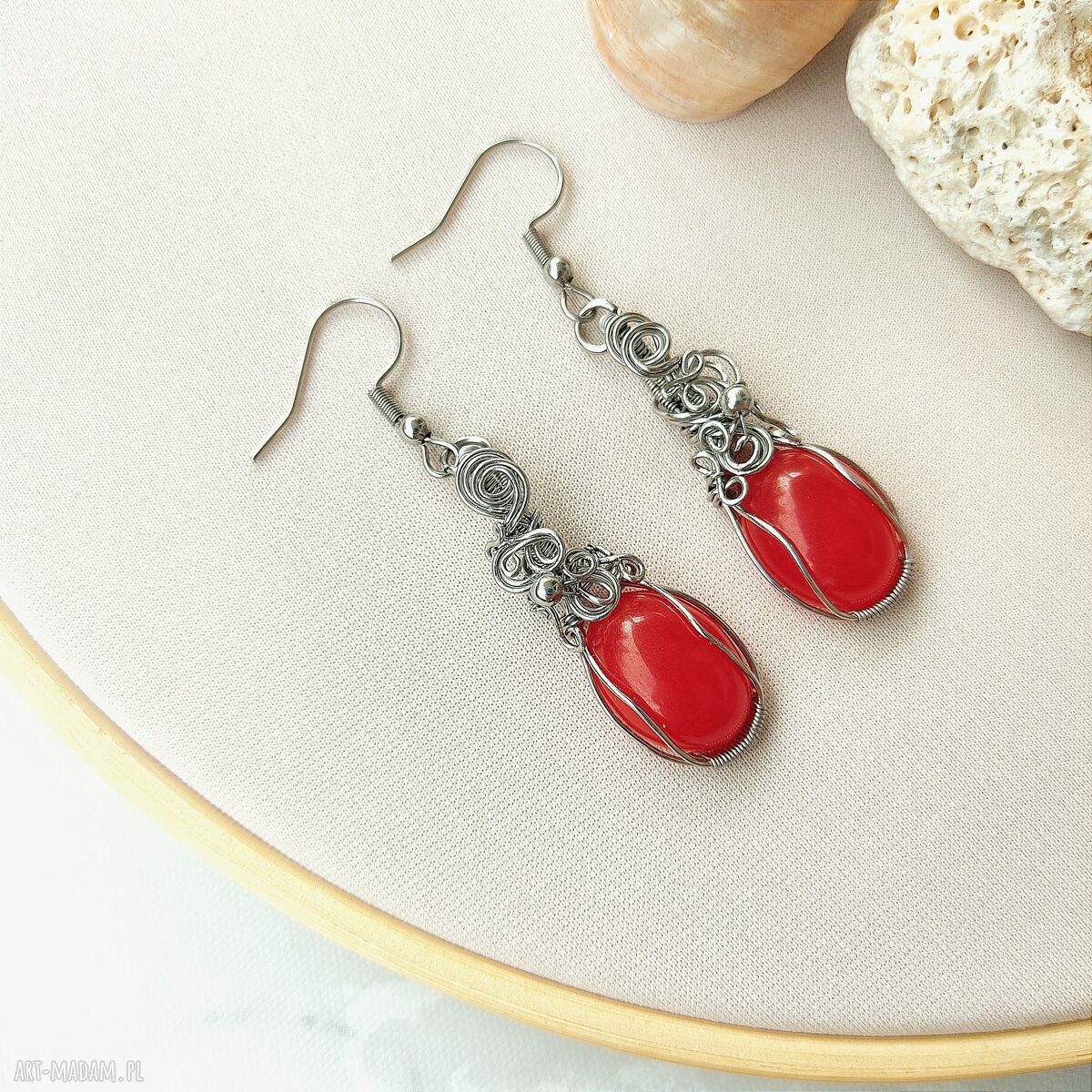 Kolczyki Jadeit Czerwony - stal chirurgiczna - wirewrapping