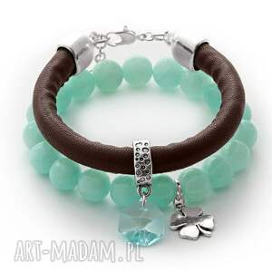 mint jade & brown strap with swarovski pendant