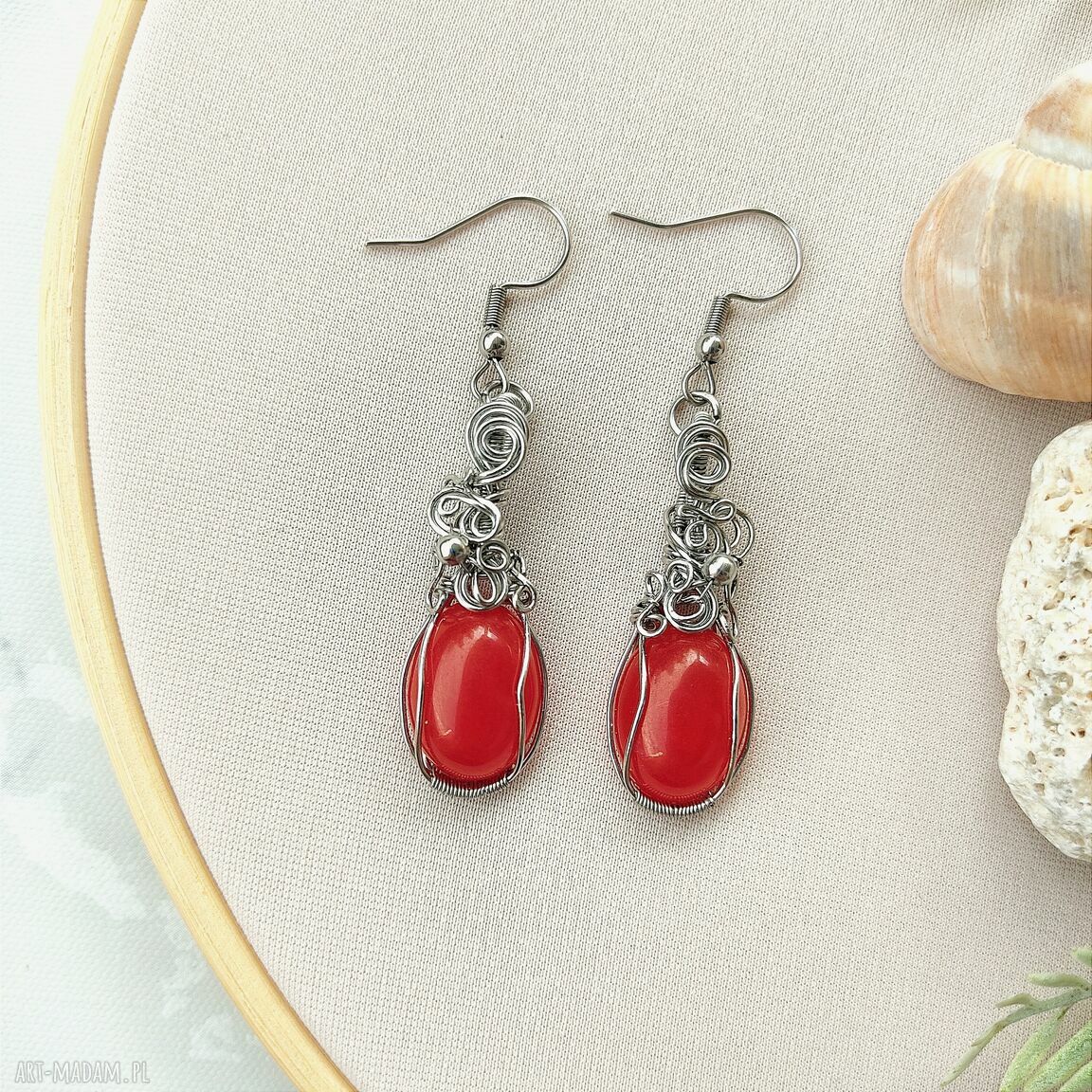 Kolczyki Jadeit Czerwony - stal chirurgiczna - wirewrapping