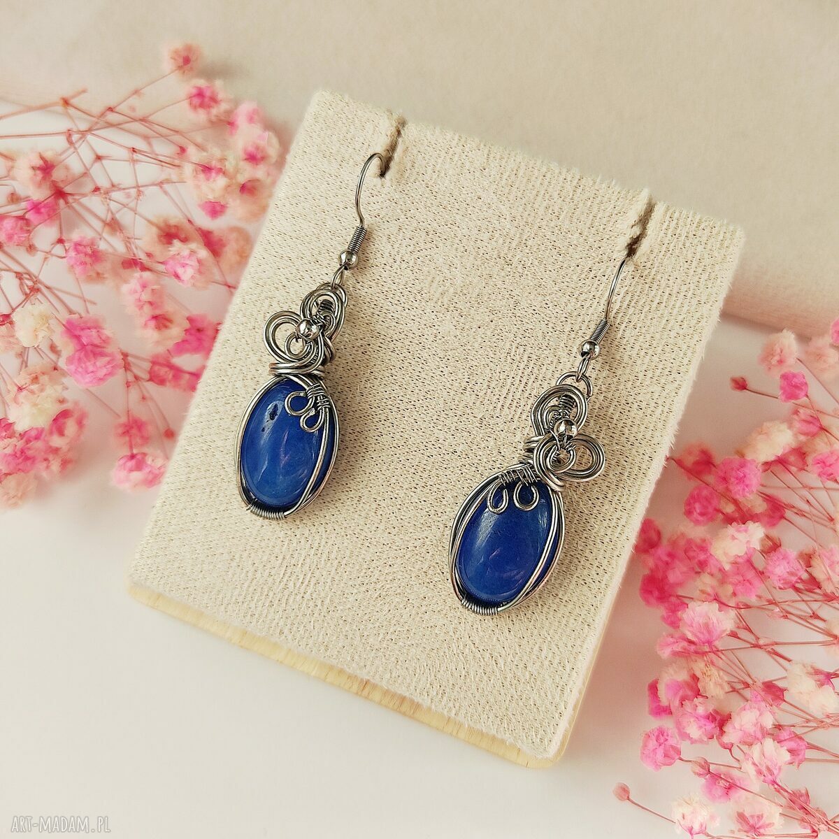 Kolczyki Jadeit Niebieski ze stali chirurgicznej - handmade wirewrapping