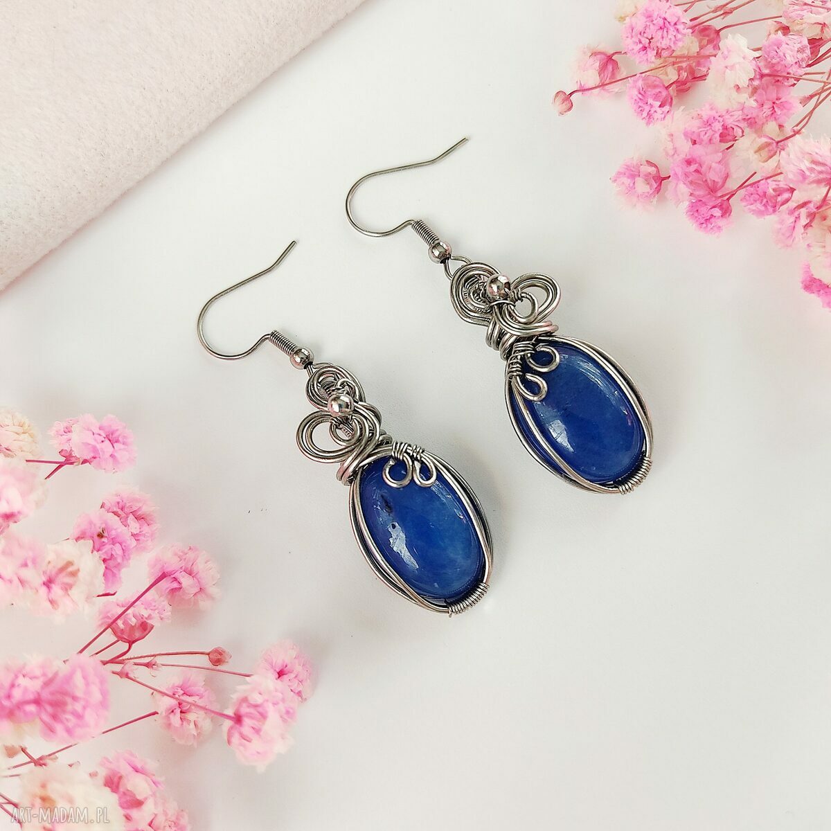 Kolczyki Jadeit Niebieski ze stali chirurgicznej - handmade wirewrapping