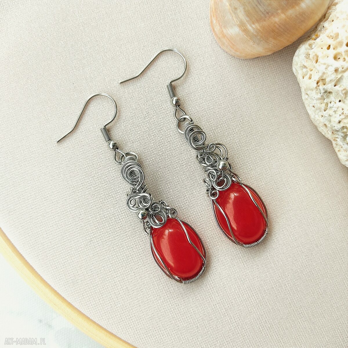 Kolczyki Jadeit Czerwony - stal chirurgiczna - wirewrapping