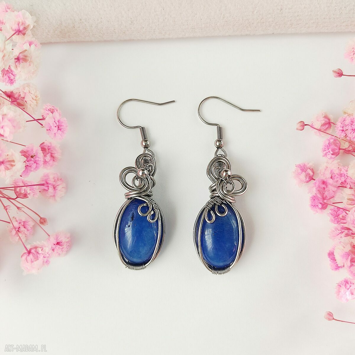 Kolczyki Jadeit Niebieski ze stali chirurgicznej - handmade wirewrapping