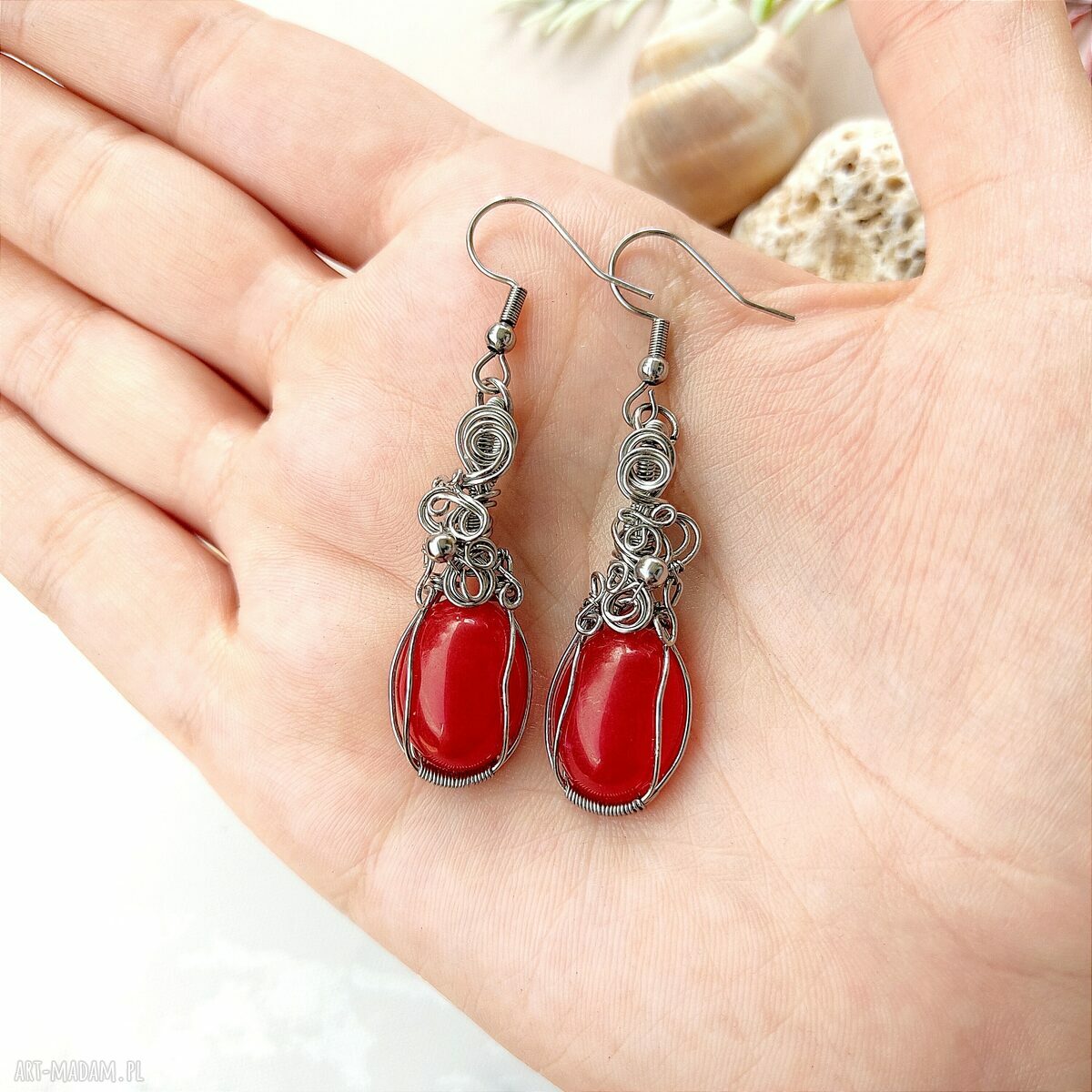 Kolczyki Jadeit Czerwony - stal chirurgiczna - wirewrapping