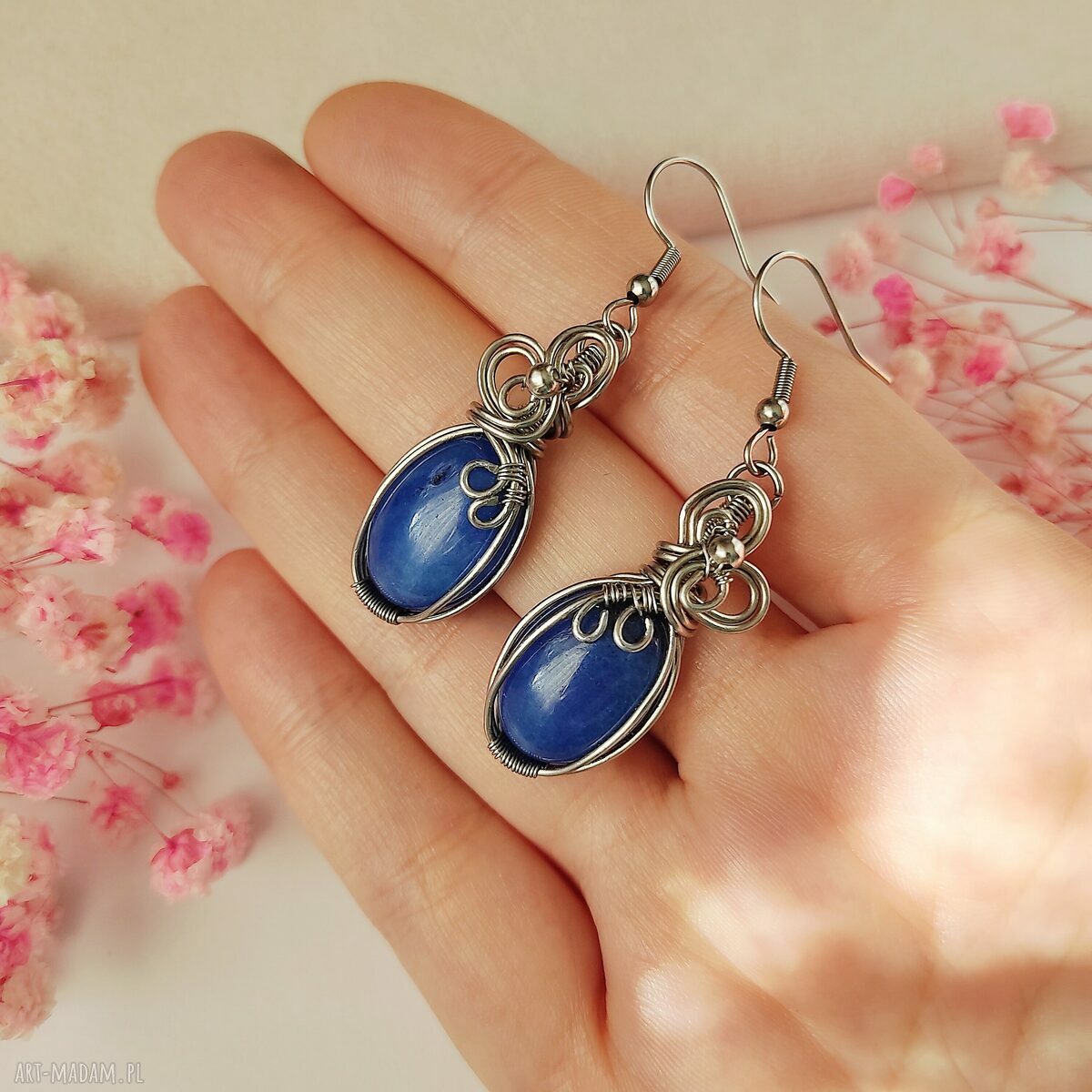 Kolczyki Jadeit Niebieski ze stali chirurgicznej - handmade wirewrapping