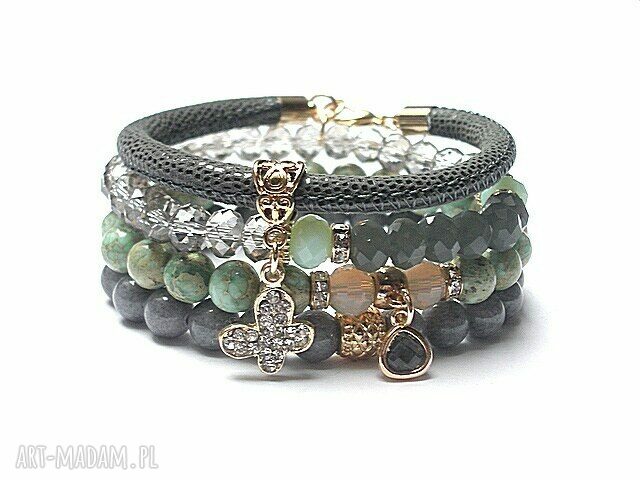 Grey and mint set jadeity jaspisy skóra rzemień kryształki