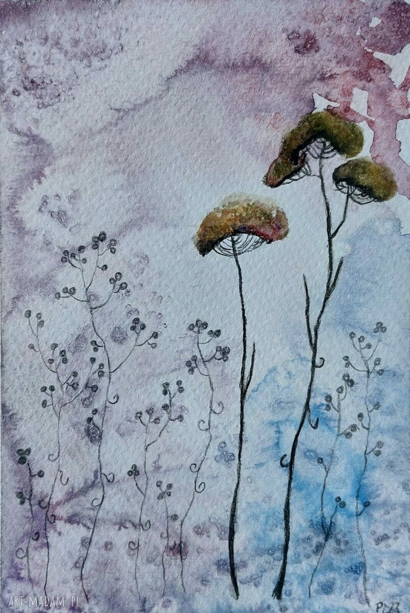Jagodowa łąka - oryginalna akwarela 12,5 x 18 cm