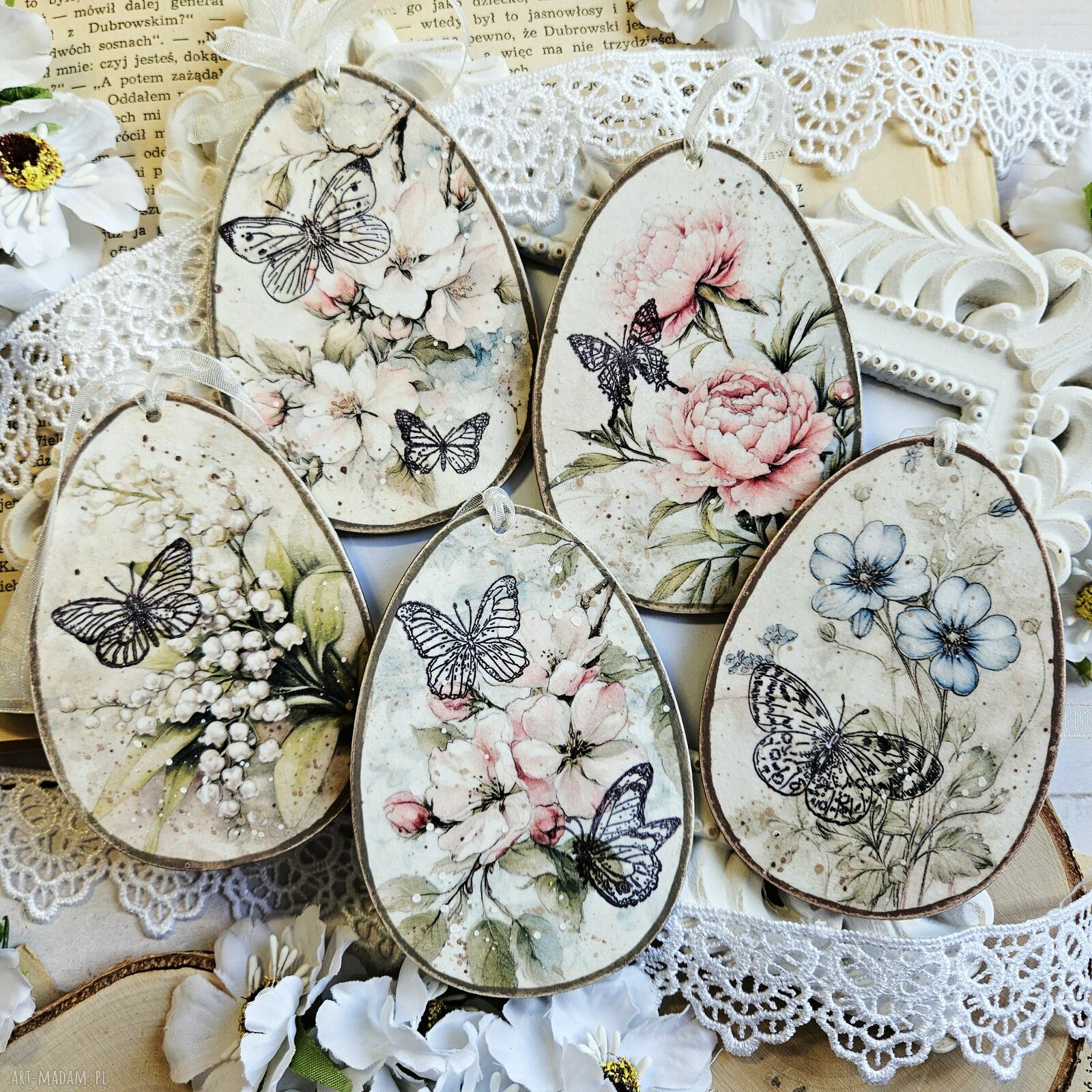 Jajka dekoracje wiosenne wielkanocne decoupage kwiaty wiosna