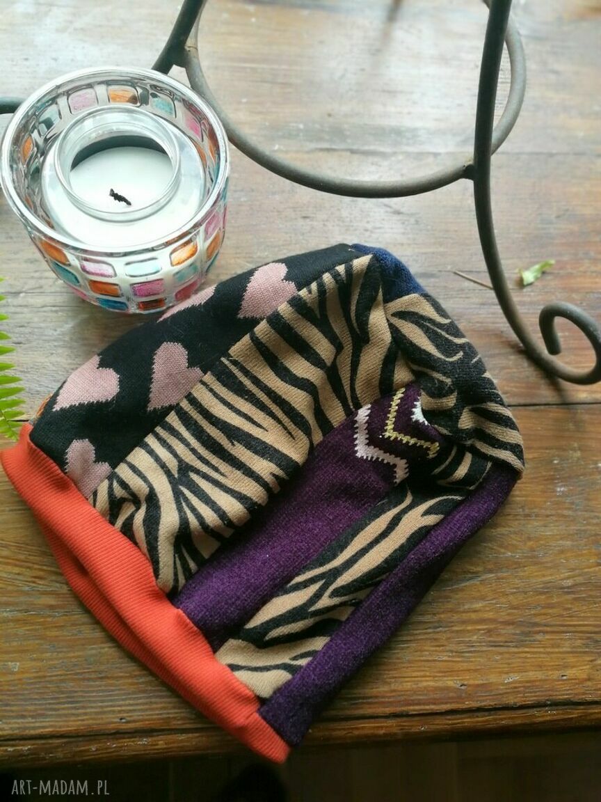 Czapka damska Smerfetka patchworkowa na podszewce (60-62 cm)
