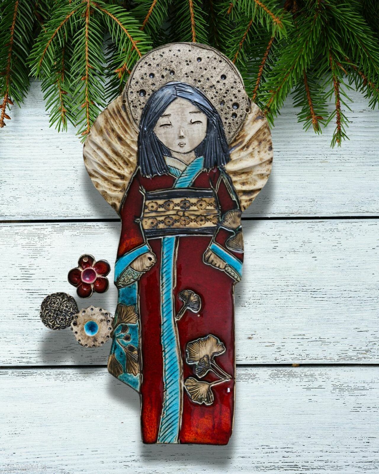 Japonka Anioł - ceramiczna dekoracja wisząca na święta, ok. 26 cm