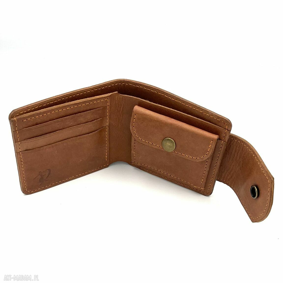 portfele: Jasno brązowy damski portfel skórzany ręcznie uszyty na bilon i karty