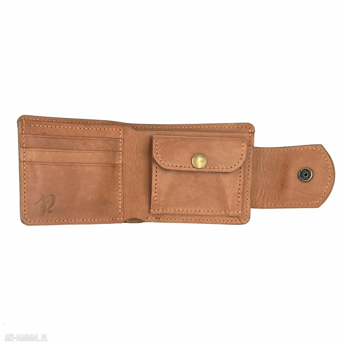 portfele: Jasno brązowy damski portfel skórzany ręcznie uszyty na bilon i karty