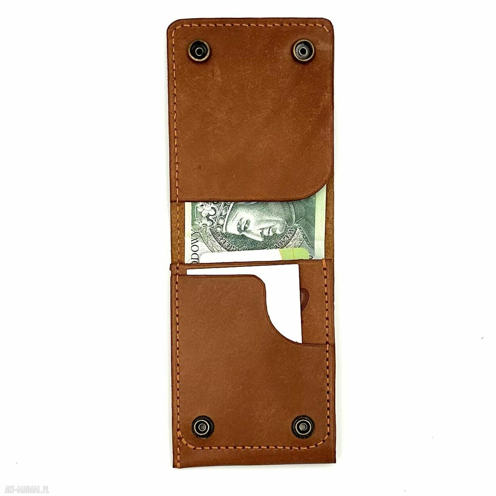 portfele: Jasno brązowy portfel skórzany ręcznie uszyty na karty i banknoty. handmade
