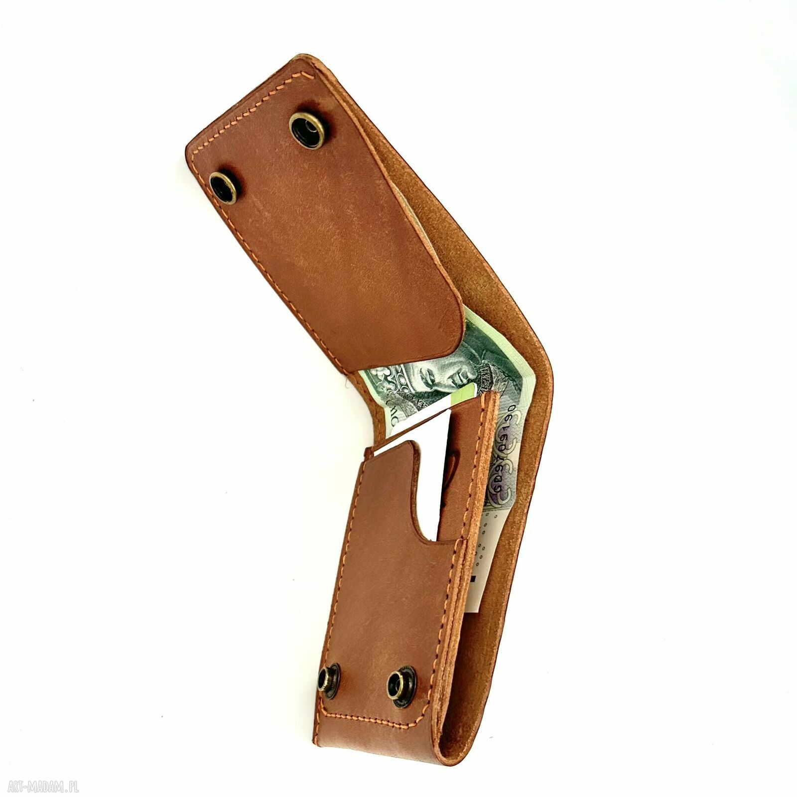portfele: Jasno brązowy portfel skórzany ręcznie uszyty na karty i banknoty. handmade
