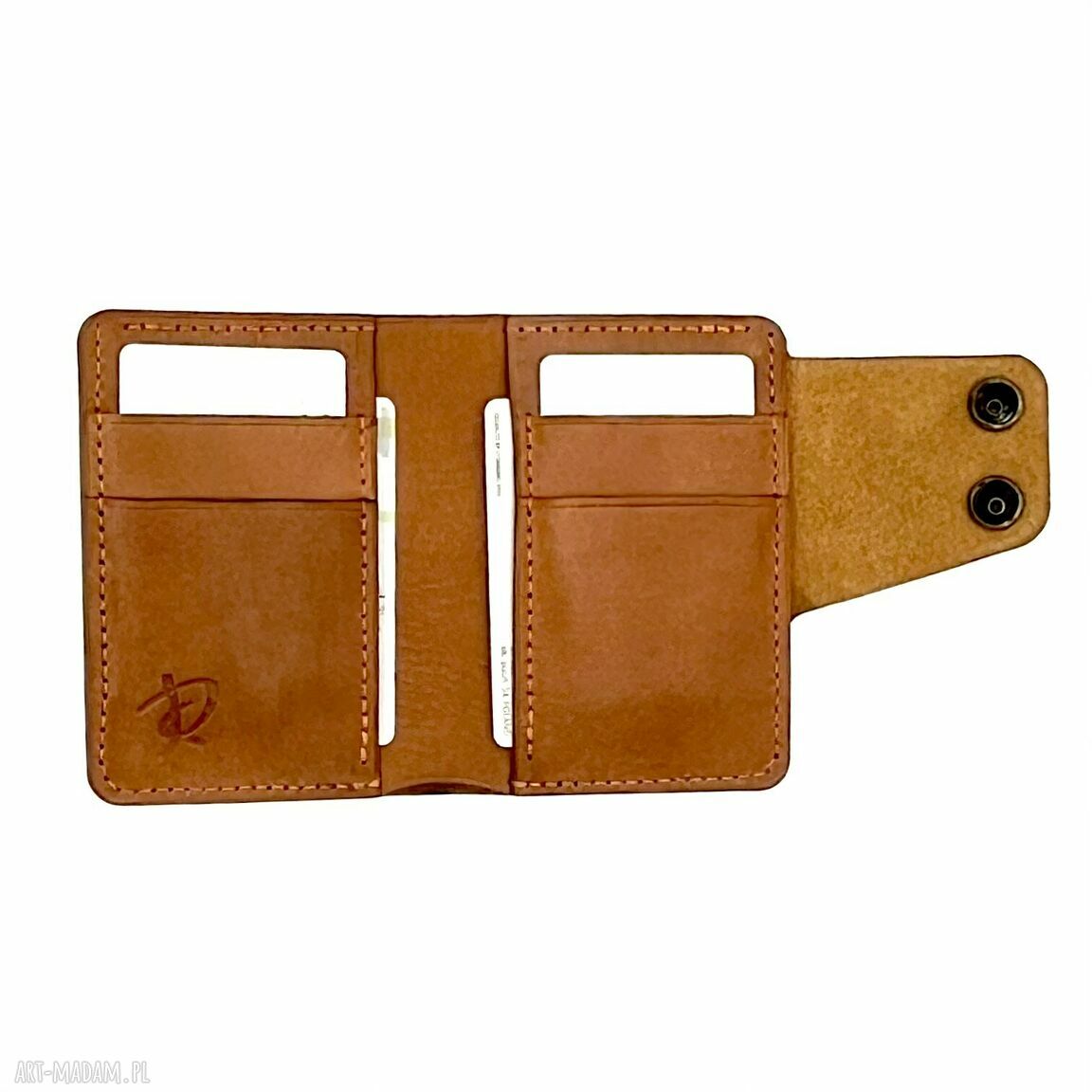 portfele: Jasno brązowy portfel skórzany uszyty na karty i banknoty. ręcznie