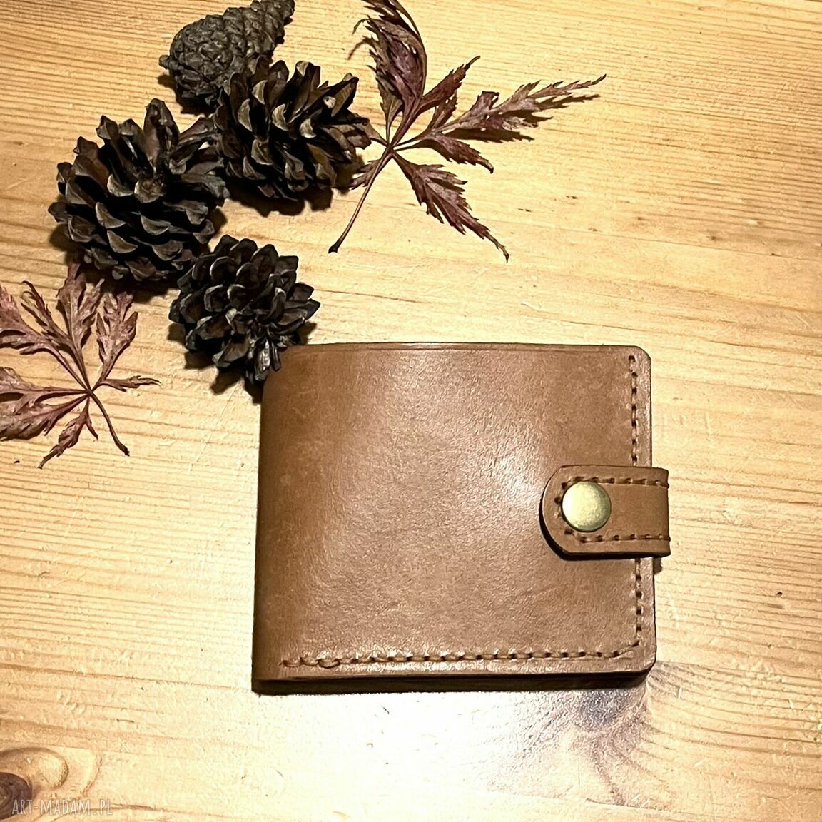 Jasno brązowy portfel skórzany ręcznie uszyty bilon karty duży