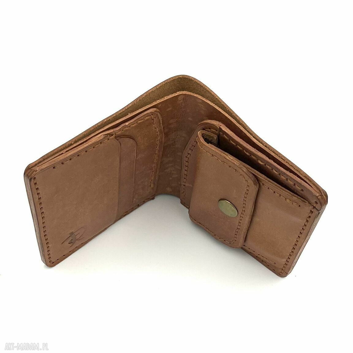 portfele: Jasno brązowy portfel skórzany ręcznie uszyty na bilon i karty.
