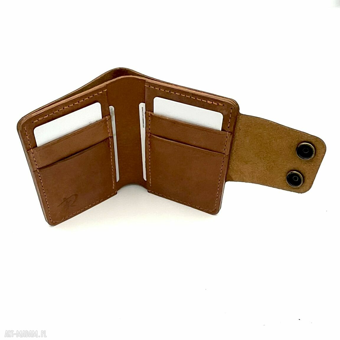 portfele: Jasno brązowy portfel skórzany uszyty na karty i banknoty. ręcznie