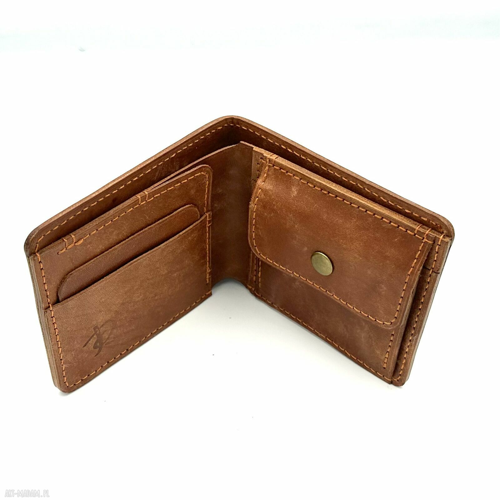 portfele: Jasno brązowy skórzany portfel ręcznie uszyty na bilon i karty.