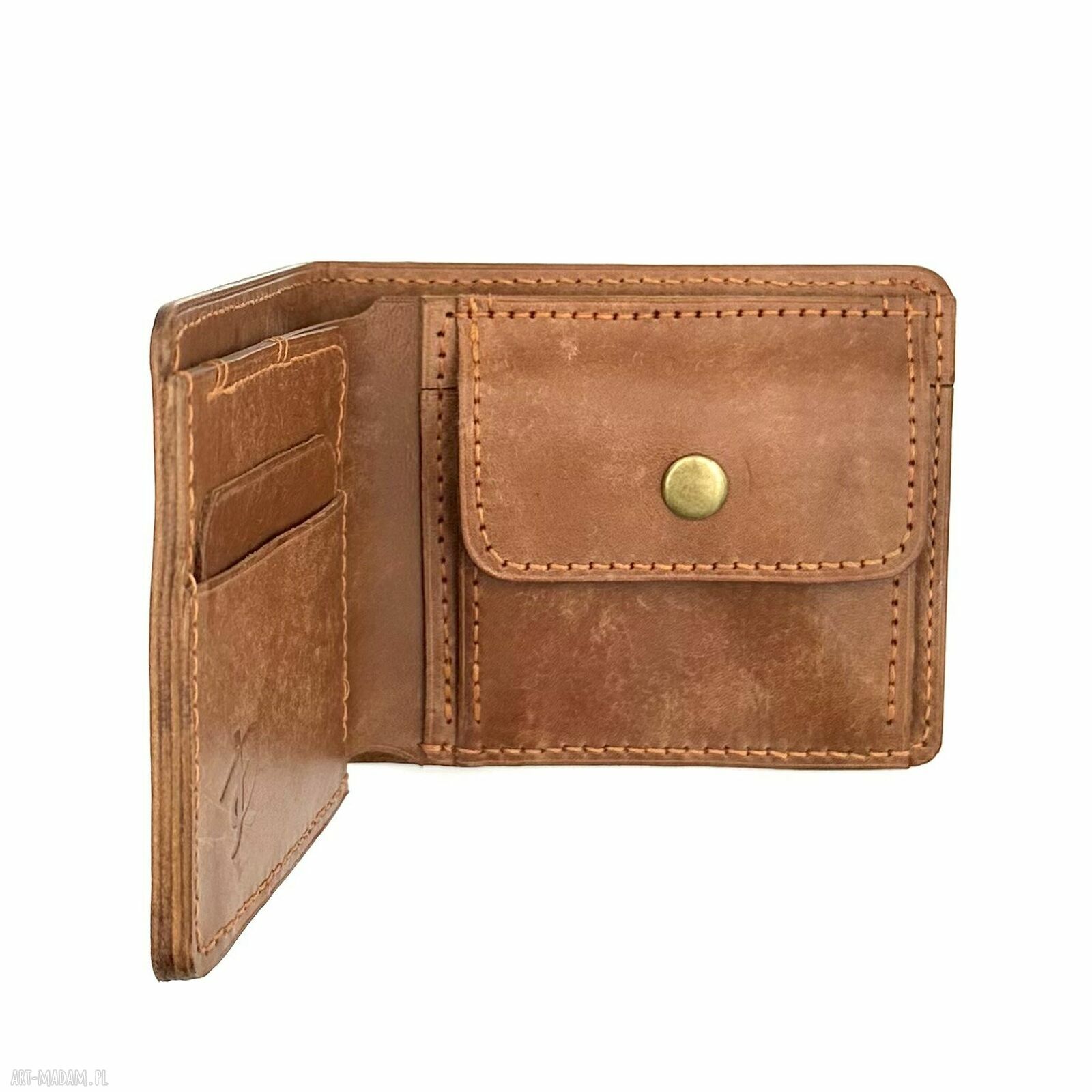 Jasno brązowy skórzany portfel ręcznie uszyty bilon karty damski