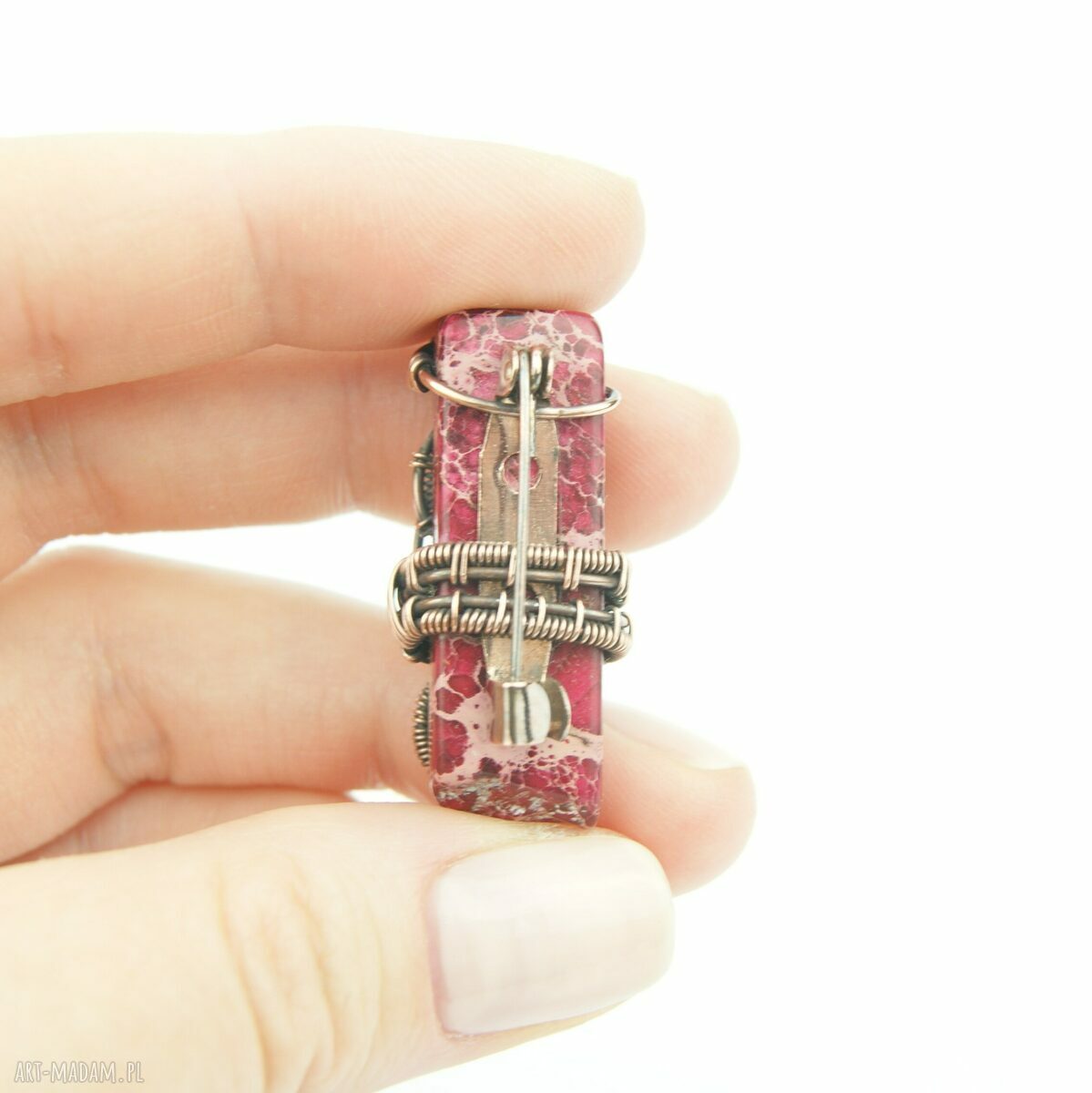 Jaspis cesarski - broszka wire wrapping z miedzią