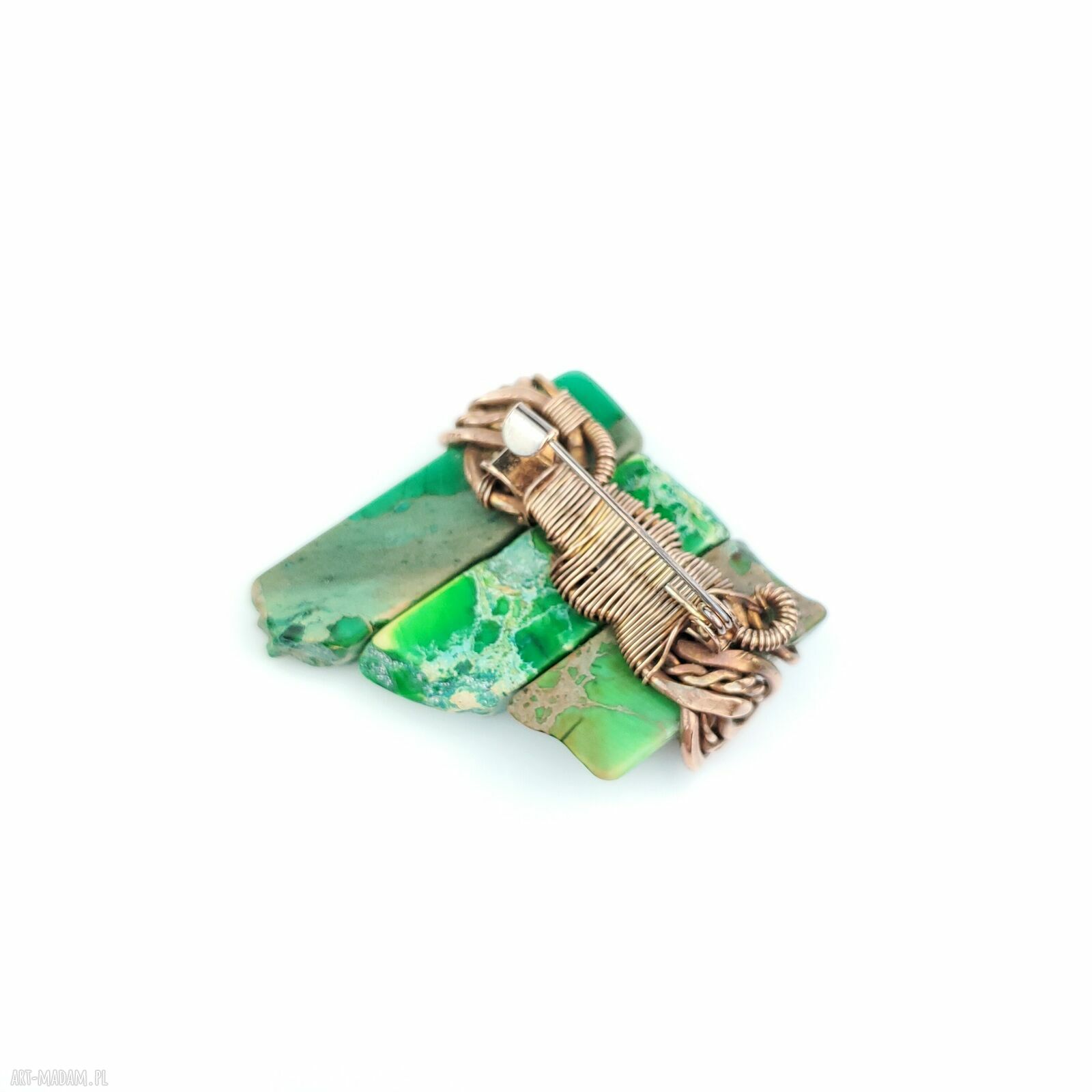 Jaspis cesarski - broszka wire wrapping z miedzią