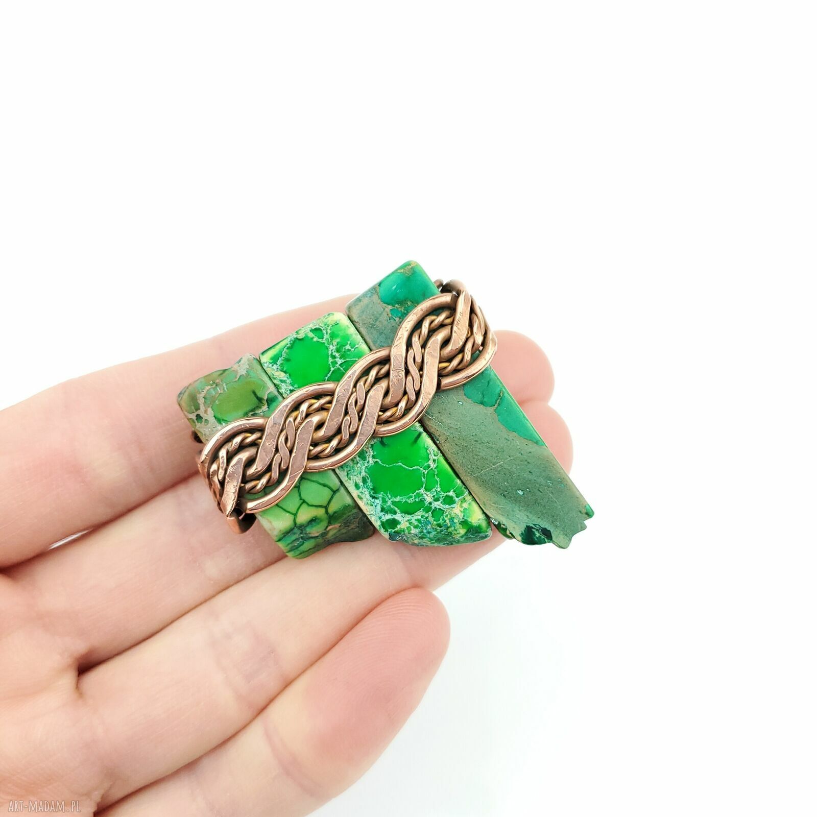 Jaspis cesarski - broszka wire wrapping z miedzią