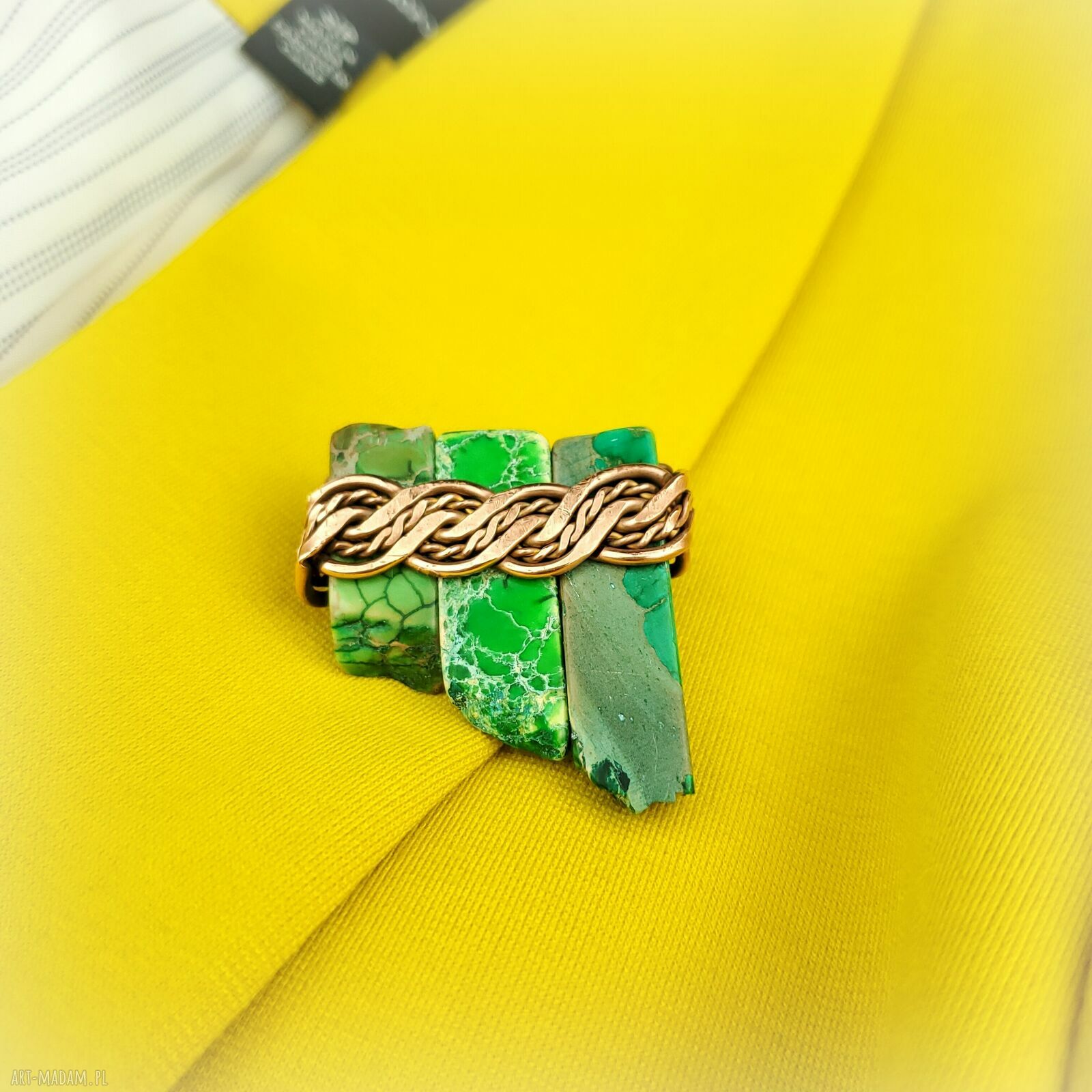 Jaspis cesarski - broszka wire wrapping z miedzią