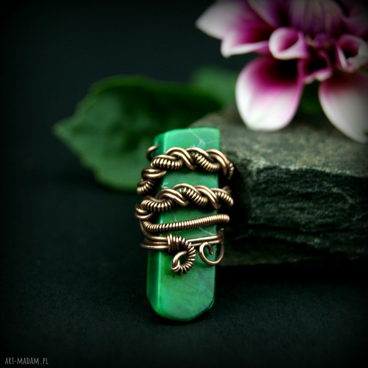 Broszka z jaspisu cesarskiego - wire wrapping z miedzi