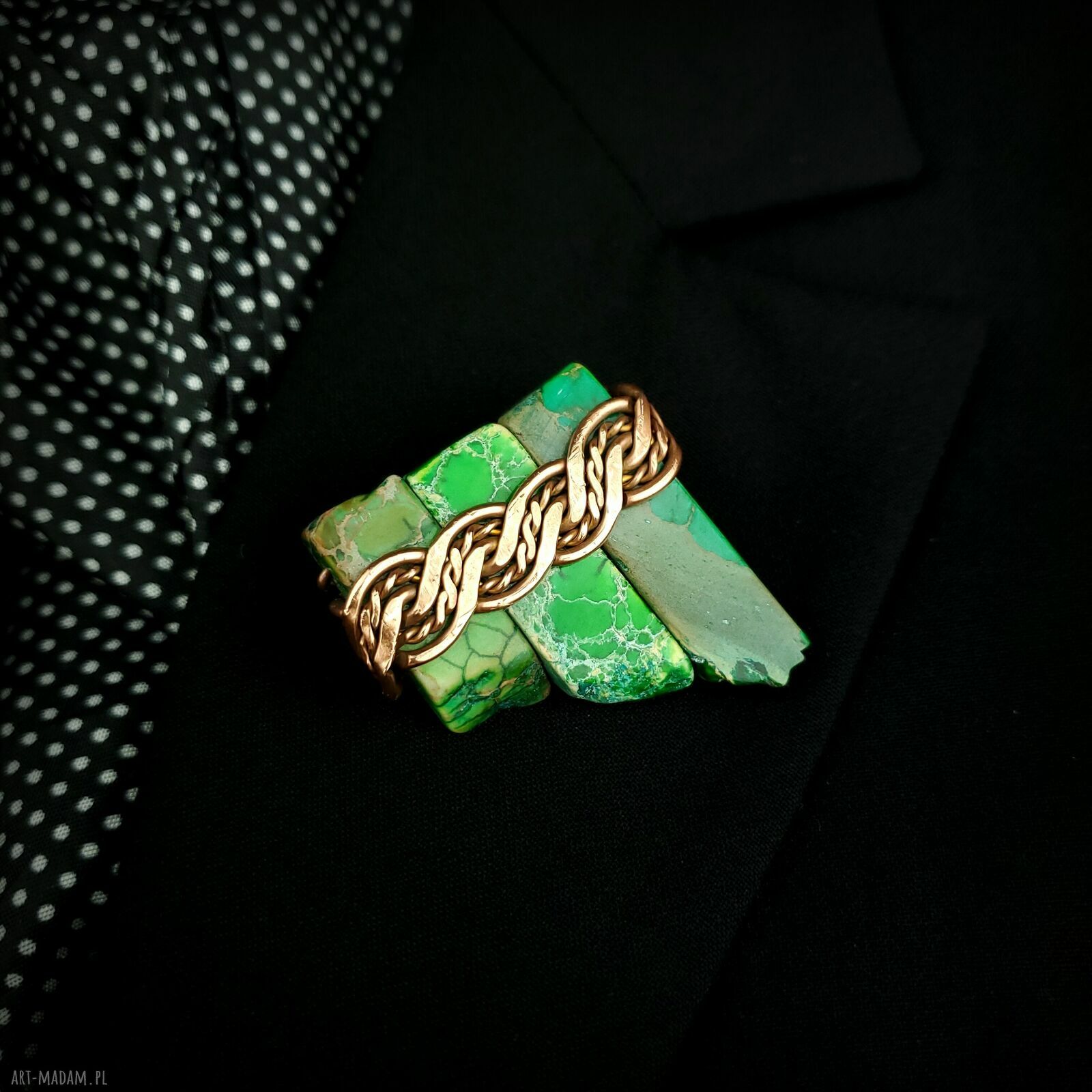 Jaspis cesarski - broszka wire wrapping z miedzią