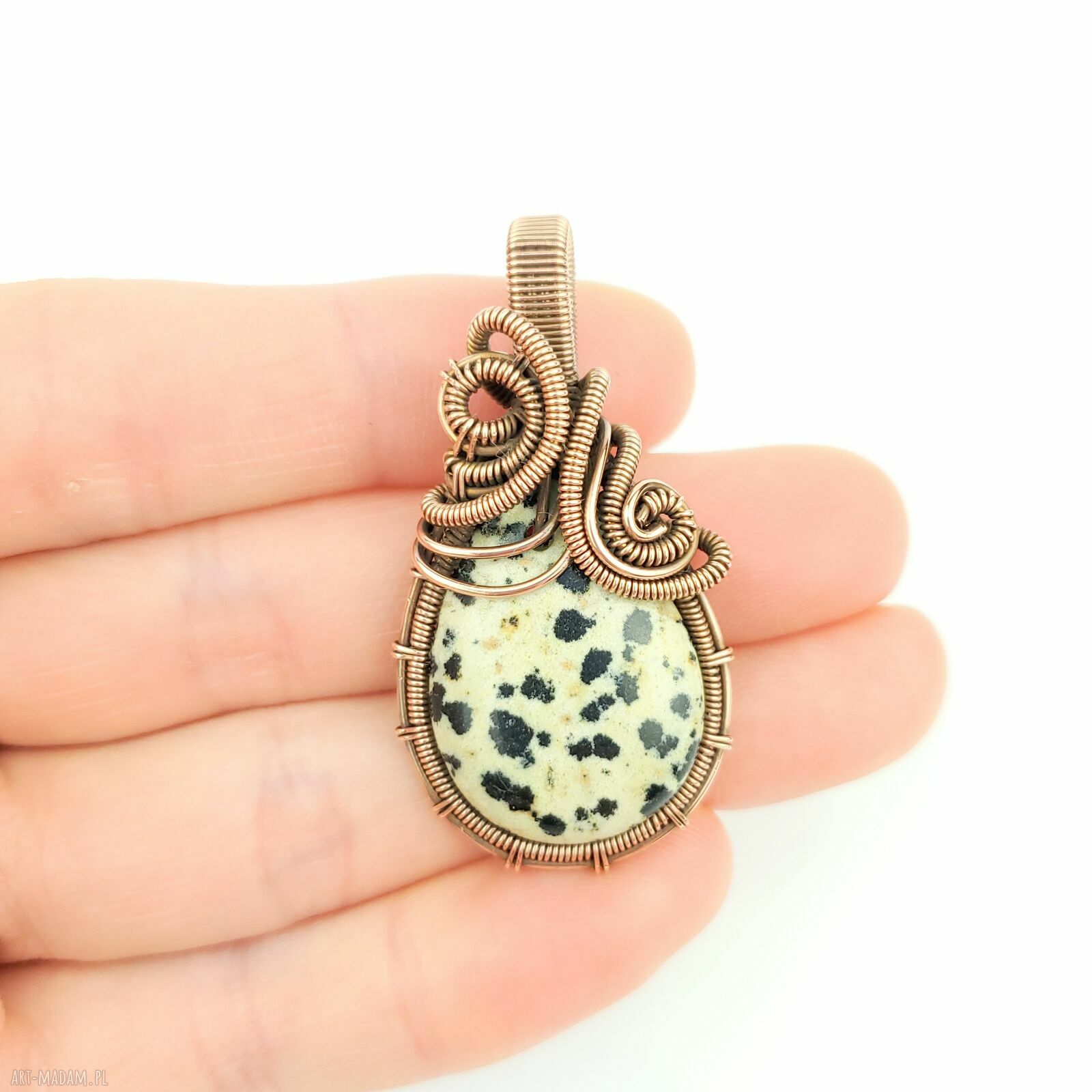 Jaspis dalmatyński - miedziany wisiorek wire wrapping (oksydowany)