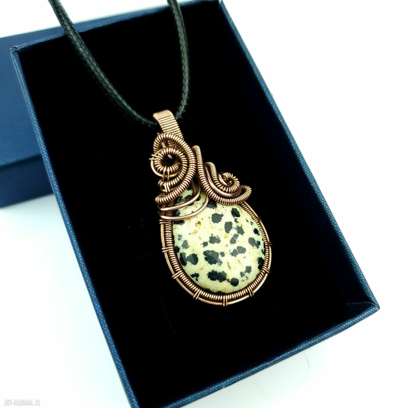 Jaspis dalmatyński - miedziany wisiorek wire wrapping (oksydowany)