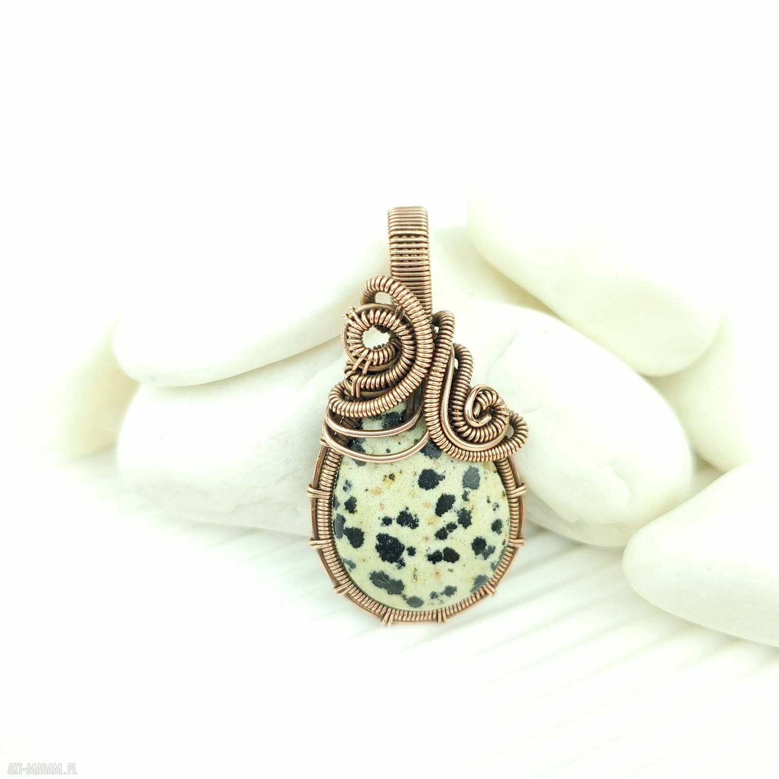 Jaspis dalmatyński - miedziany wisiorek wire wrapping (oksydowany)
