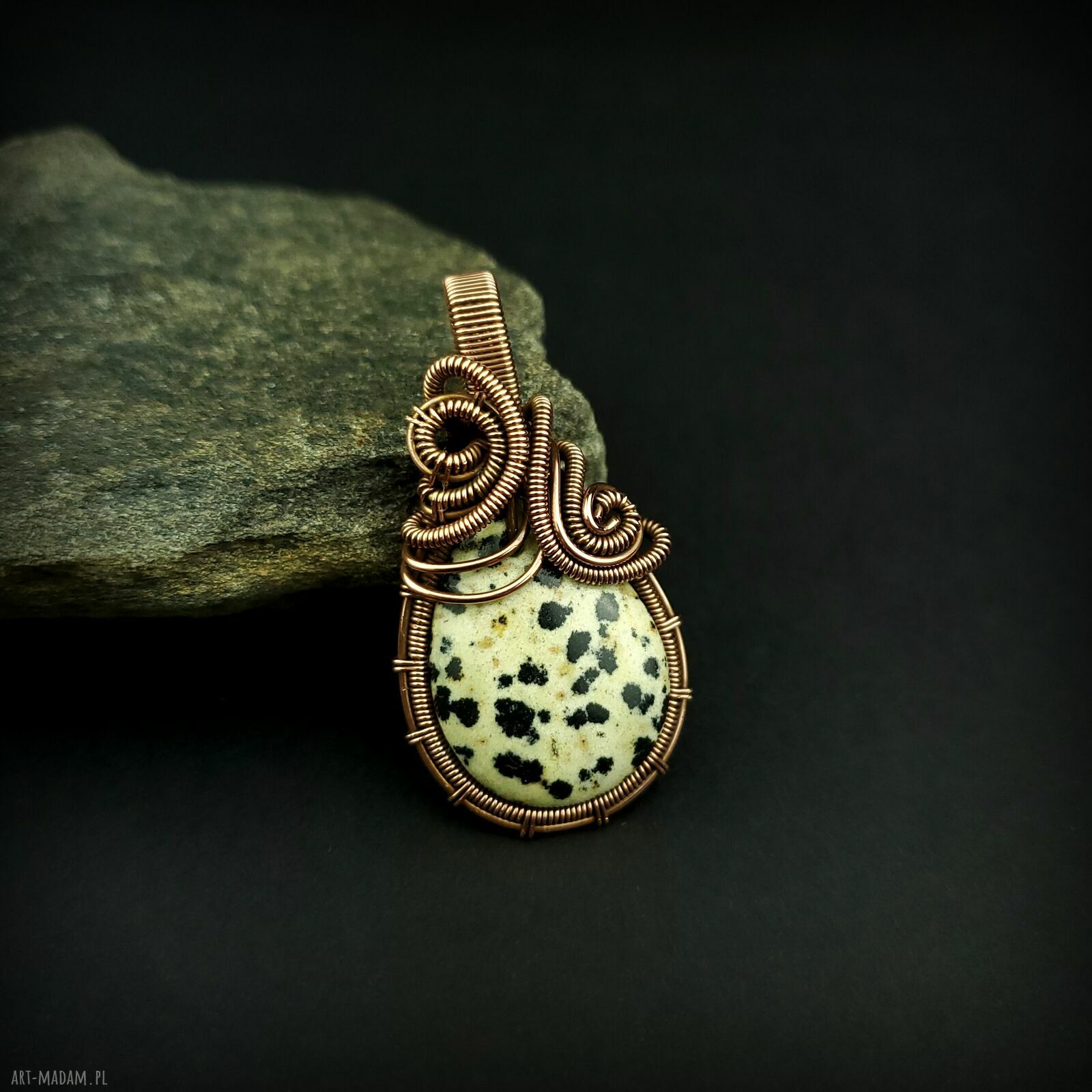 Jaspis dalmatyński - miedziany wisiorek wire wrapping oksydowany