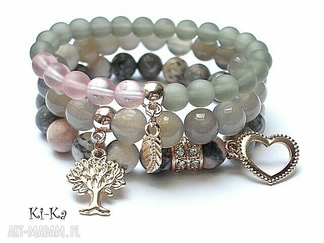 Grey and vintage rose set agaty jaspis kryształki komplet trzech