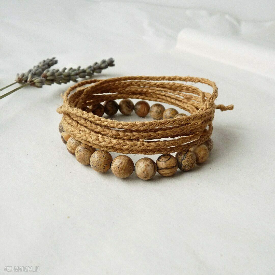 Jaspis i len orzechowy - komplet dwóch bransoletek handmade