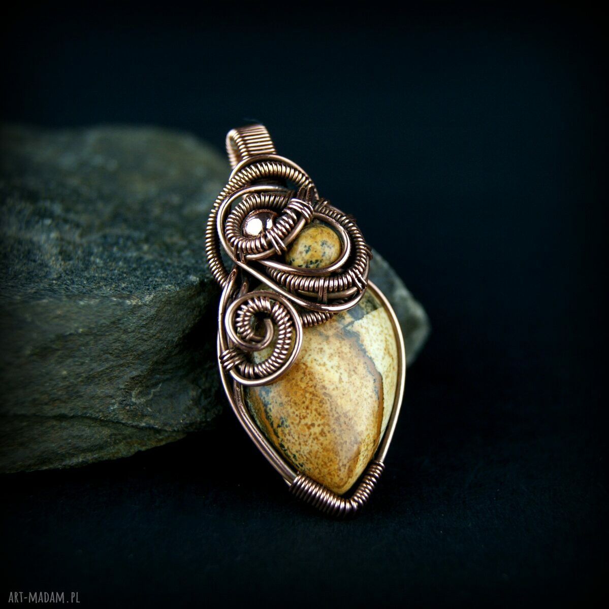 Jaspis krajobrazowy wisiorek wire wrapping - miedziany