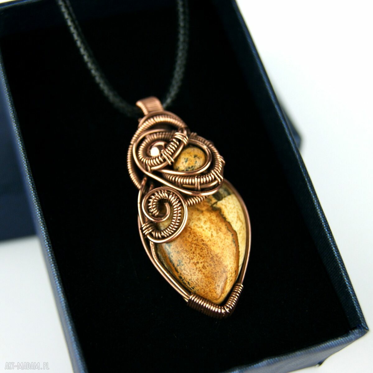 Jaspis krajobrazowy wisiorek wire wrapping - miedziany