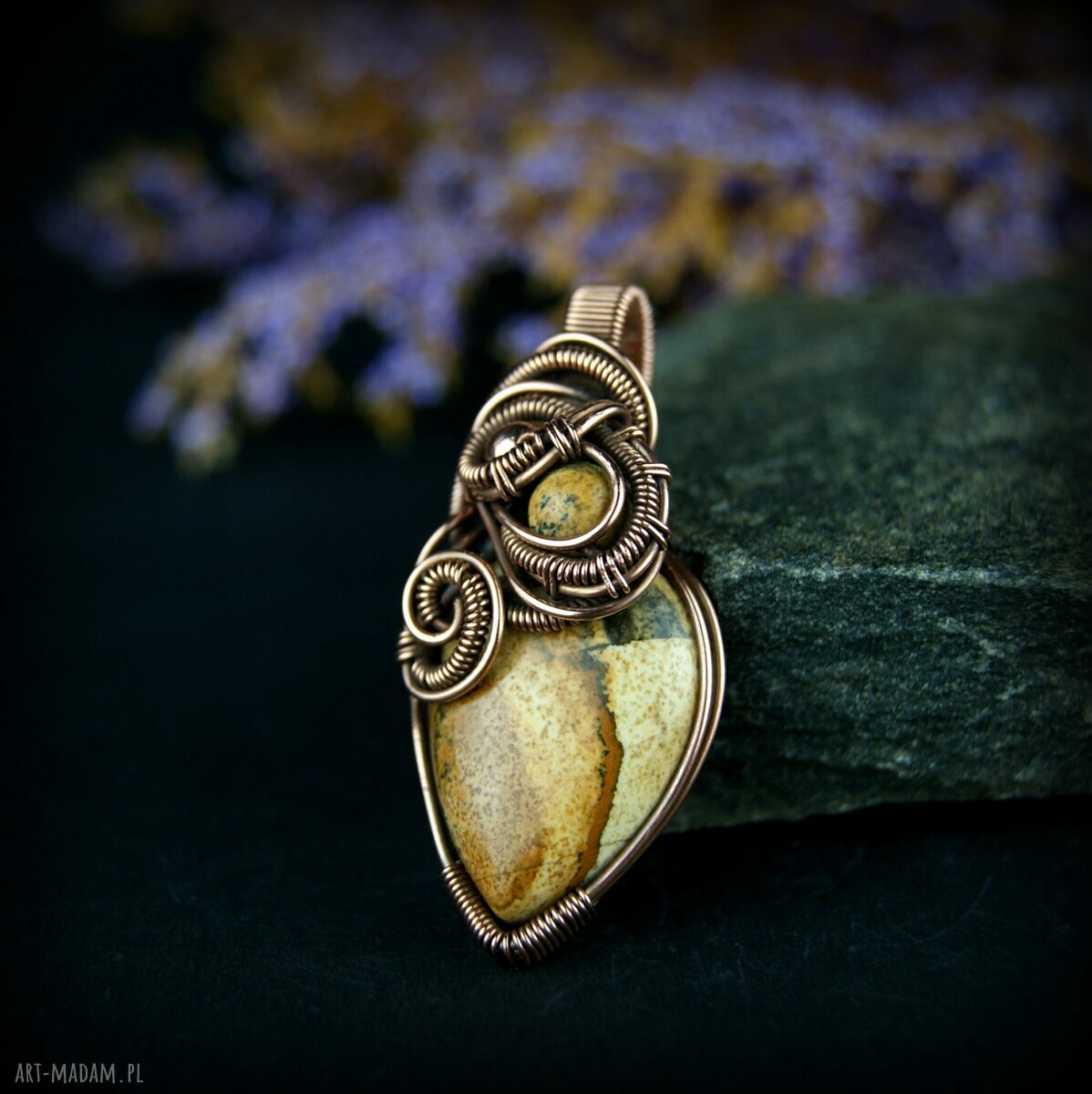 Jaspis krajobrazowy wisiorek wire wrapping - miedziany