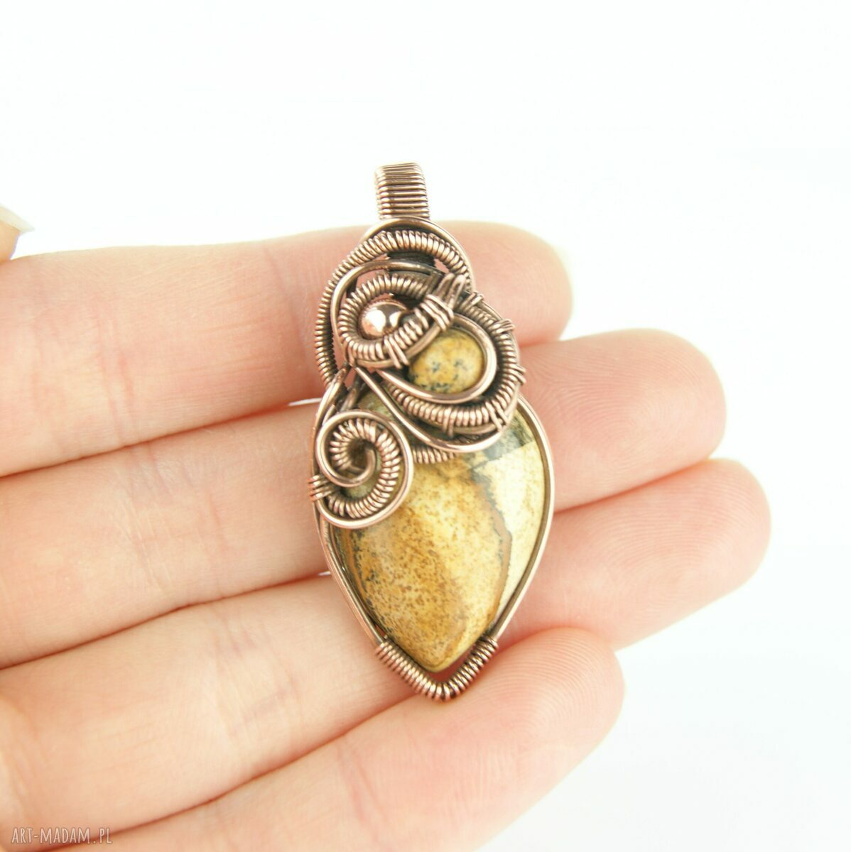 Jaspis krajobrazowy wisiorek wire wrapping - miedziany