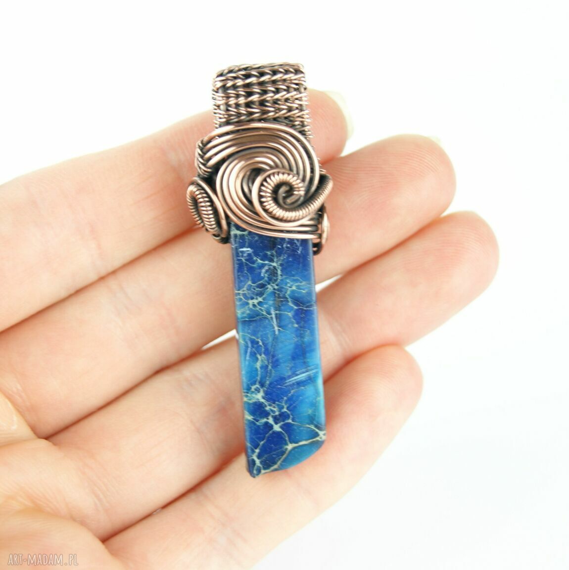 Jaspis lazurowe wybrzeże - wisiorek wire wrapping z oksydowaną miedzią