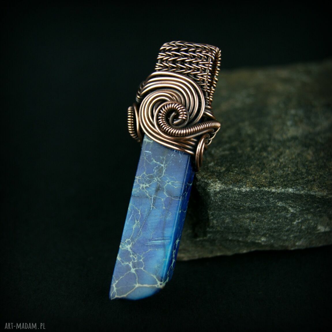 Jaspis lazurowe wybrzeże - wisiorek wire wrapping z oksydowaną miedzią