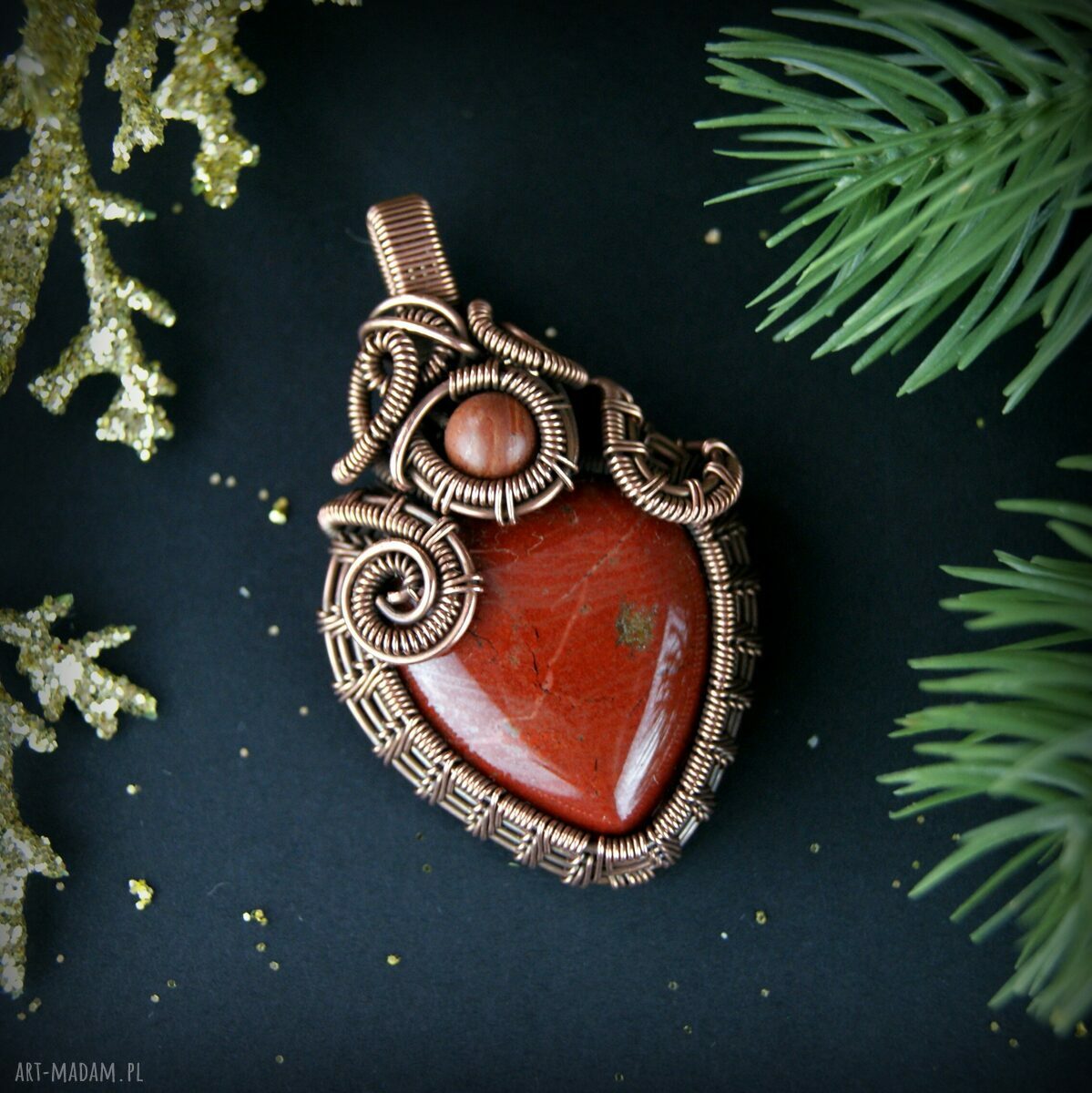 Wisiorek z jaspisem Mokait wire wrapping - miedziany amulet z hematytem