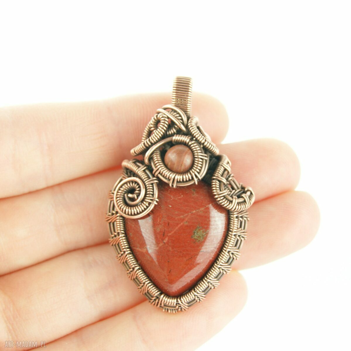 Wisiorek z jaspisem Mokait wire wrapping - miedziany amulet z hematytem
