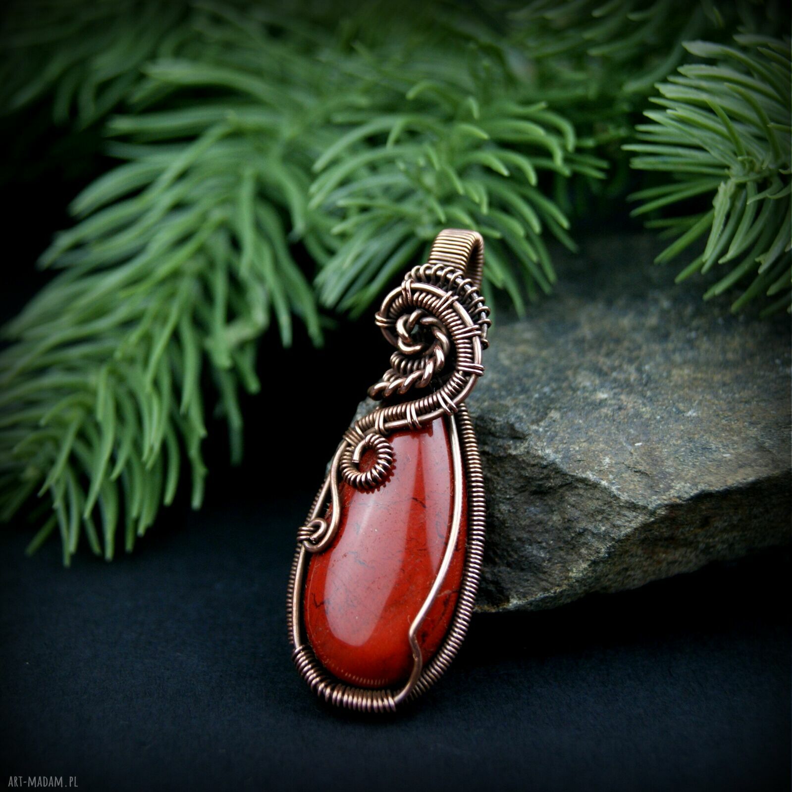 Wisiorek z jaspisu mokaitu wire wrapping - miedziana oksydowana oprawa