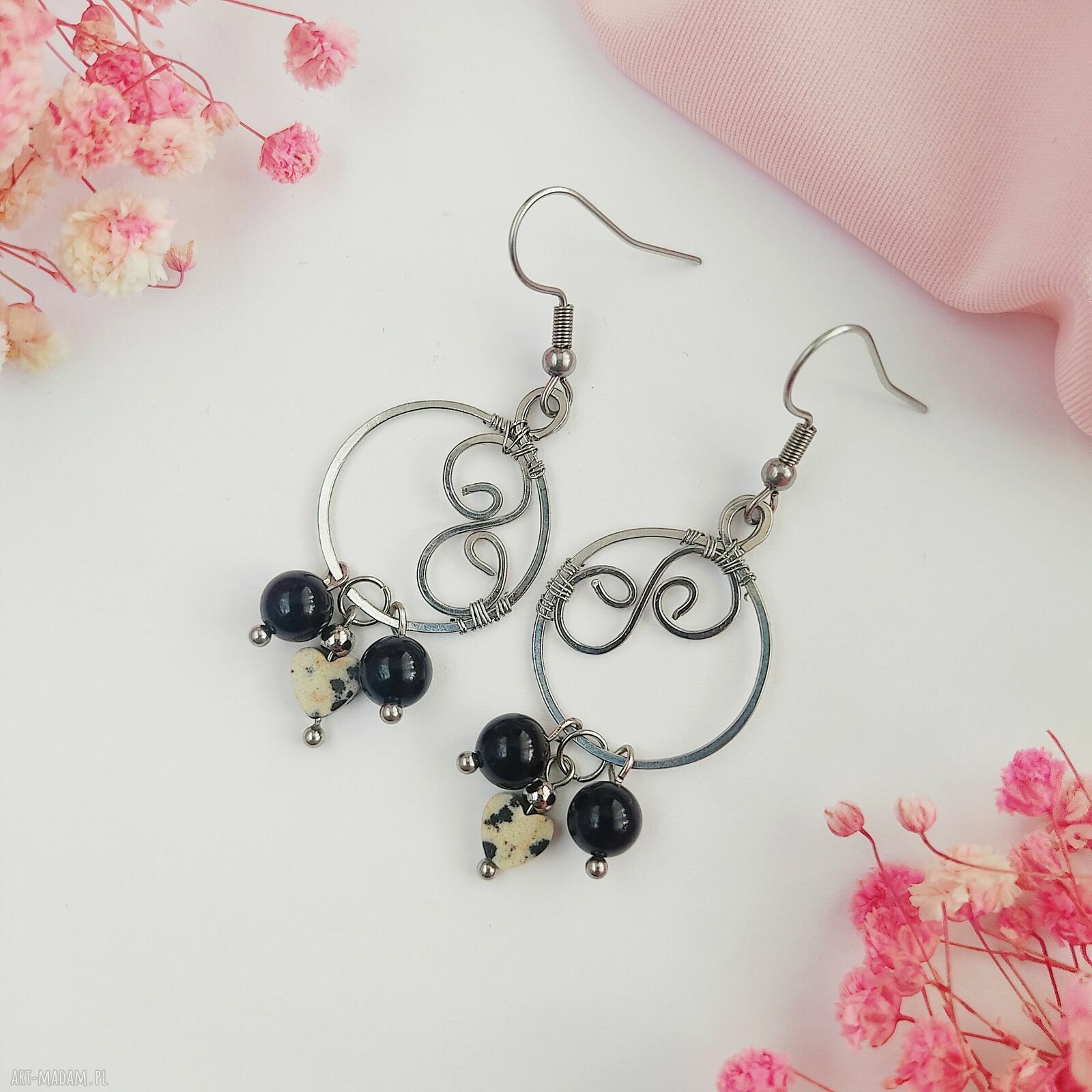 Kolczyki z jaspisem dalmatyńskim i onyks - stal chirurgiczna, wire wrapping