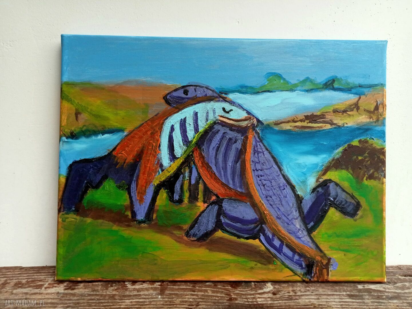 Jaszczurki miłosne - obraz akrylowy ręcznie malowany 40x30x2 cm