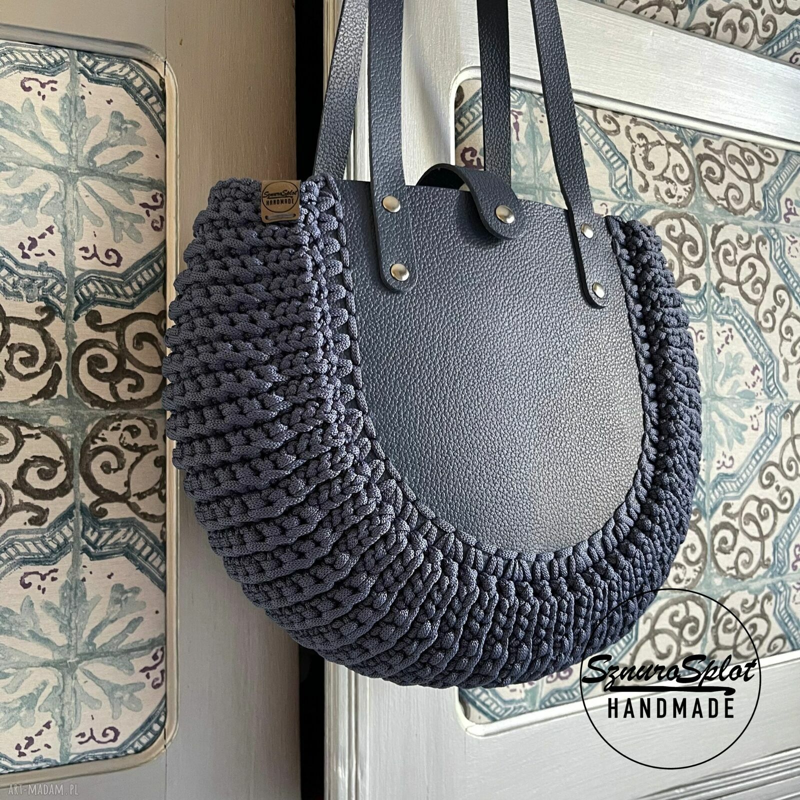 Torba jeans na ramię ze skóry i sznurka poliestrowego - handmade